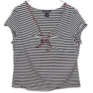 Katherine Barclay Women's Extra Large Black White Stripe Tie Front V Neck Top